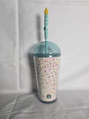 Starbucks Birthday Cake Sprinkle Tumbler with Candle Straw Topper